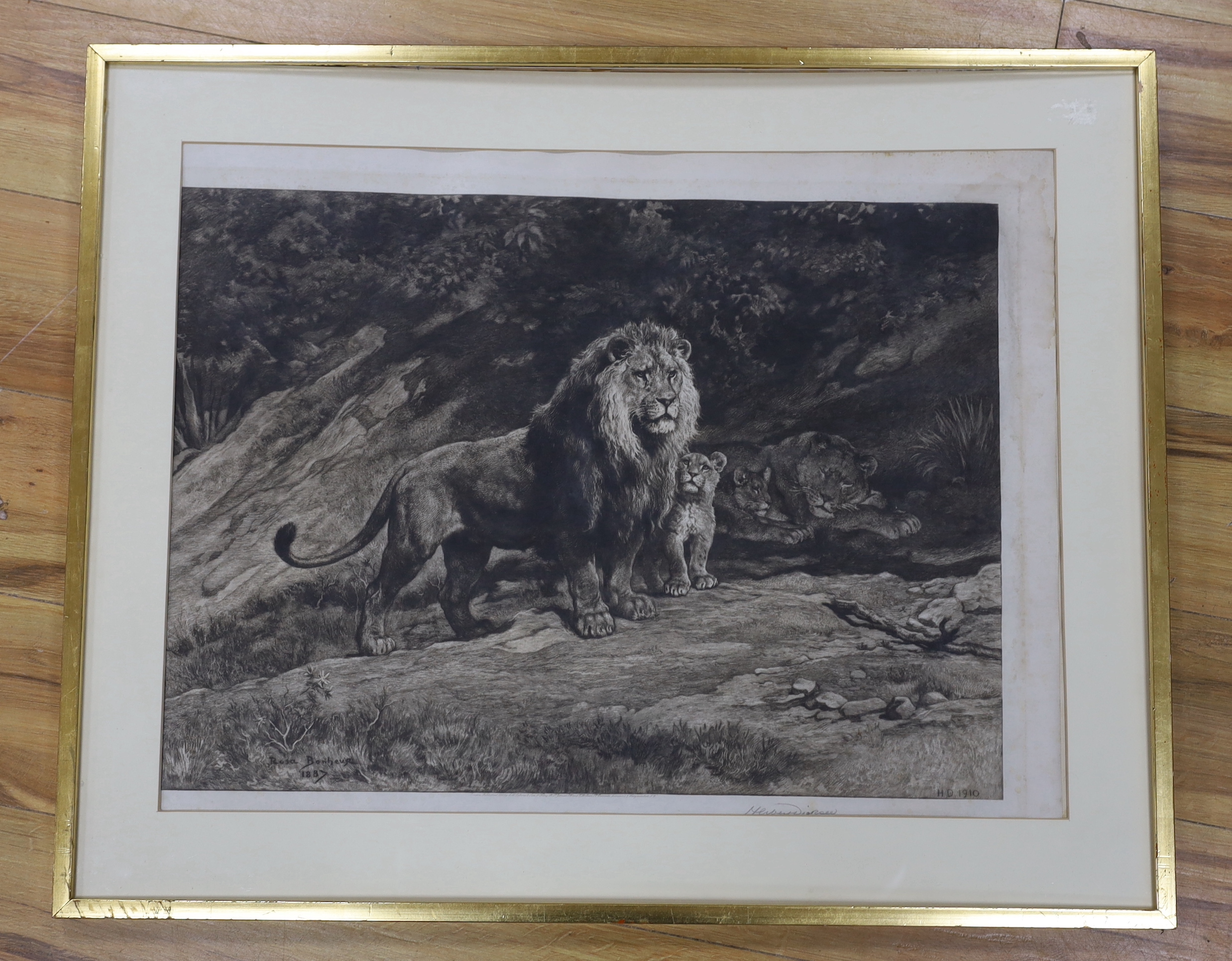 Herbert Dicksee (1862-1942), after Rosa Bonheur, etching, 'The King Watches', publ.1910, 52 x 69cm